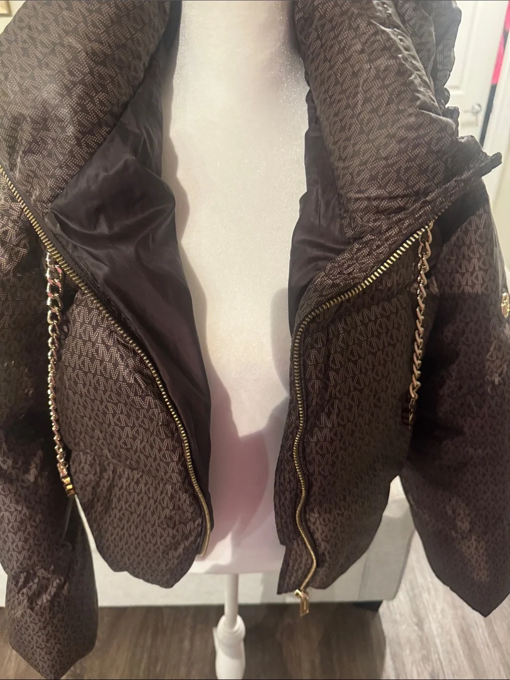 Michael Kors Dark Brown Quilted Puffer Jacket with Gold Chain Trim